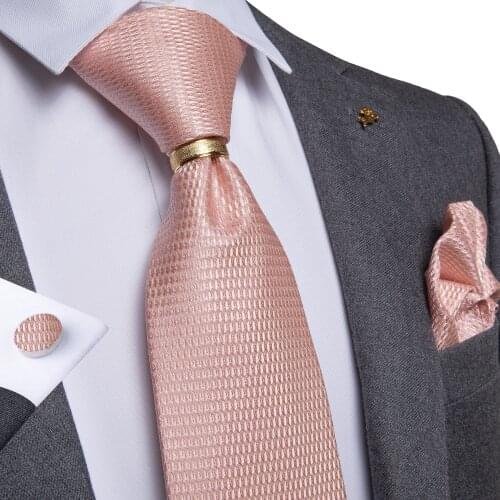 Mens Neckite Pink Solid Silk Wedding Tie For Men Fashion Bussiness Party Hanky Cufflinks Ring Tie Set DiBanGu Designer JZ02-7195