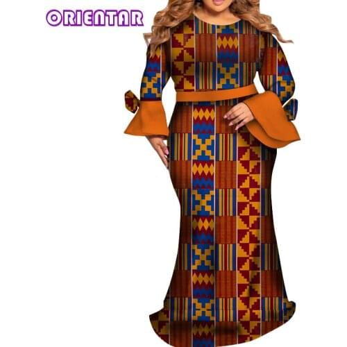 Women African Print Dress Long Sleeve O-Neck Cotton Dashiki Dress Plus Size Africa Clothing Casual Women Maxi Dress WY5829
