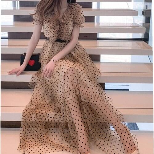 SMTHMA 2021 High Quality New Arrival Runway Dot Party Birthday Dresses Vintage Summer V Neck Tulle Layered Ruffles Vestido Robes