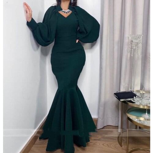 Dark Green Mermaid Evening Dresses Formal Gowns 2021 Long Sleeve Full Length V Neck Prom Party Dress For Women