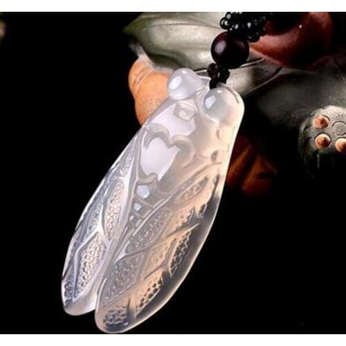 The unique natural white chalcedony hand-carved cicada pendant