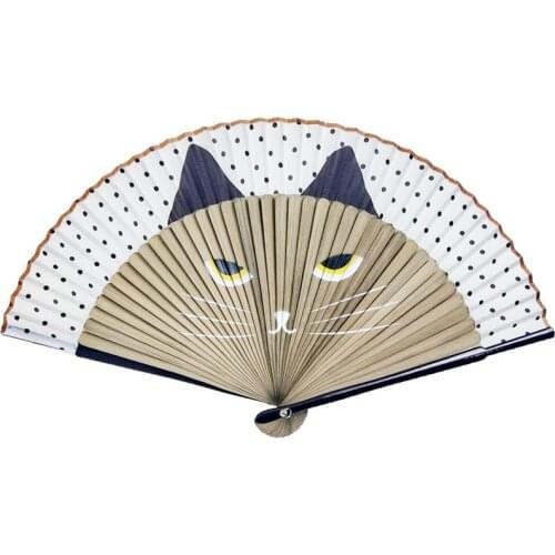 Cat Cartoon Hand Fans Silk Fashionable Japan Style Girl Folding Fan Inkjet Cat Fan Painted Handle Handheld Folding Girls Fans