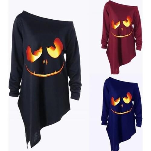 Halloween Shirts Smile Print Blouse Women Print O-neck Shirts Long Sleeve Loose Top Streetwear Shirts Casual Blouses Blusas