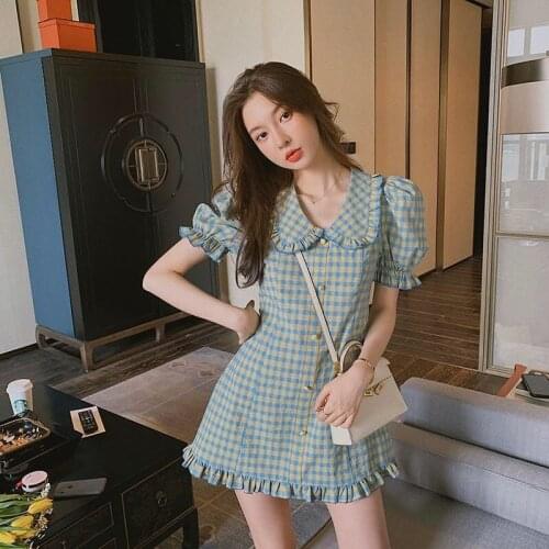 Womens Clothing 2021 Summer New Puff Sleeve Tartan Skirt Square Collar French Sweet Small Waist Slimming Dress