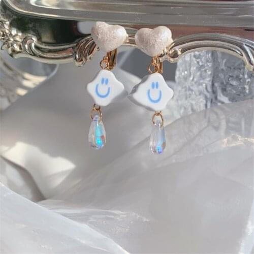 AOMU Ins Japanese Cute White Acrylic Cartoon Cloud Love Earrings Smooth Abstract Smiley Long Tassel Drop Earrings for Women
