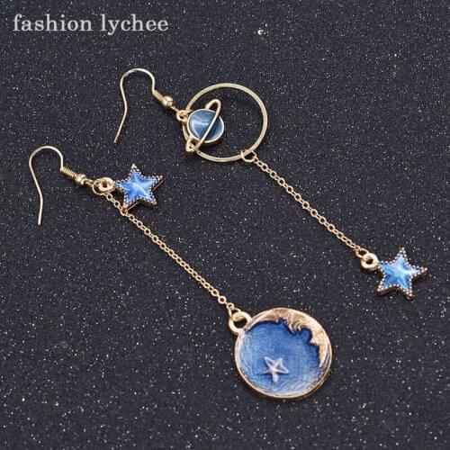 Fashion lychee Brand New Planet Star Moon Long Metal Chain Asymmetric Drop Earrings Female Jewelry Accessories