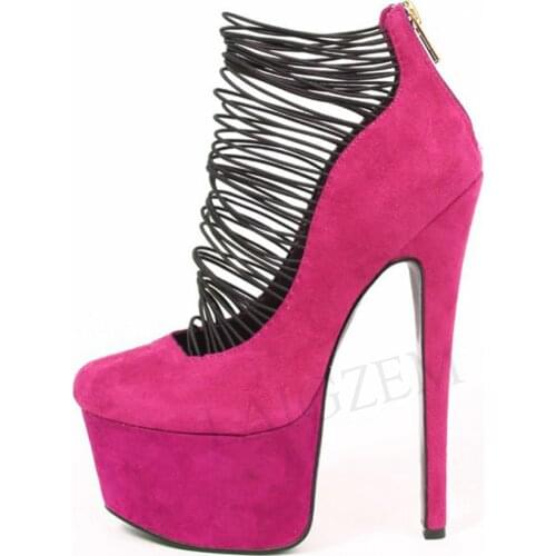 LAIGZEM Women Platform Heels Elastic Straps Zip Pumps Round Toe Sandals Colorful Stiletto Shoes Tacones Mujer Large Size 34-52