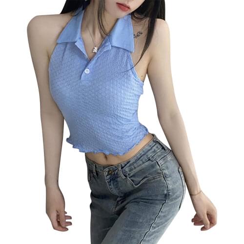 Womens new halter-neck sling short vest blue lapel buttoned sleeveless backless tight-fitting vest Poly chest pullover /F