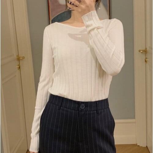 Womens Knitted Thin Sweater One-neck Long Sleeve Slim Solid Color Knit Sweater Pull Early Autumn