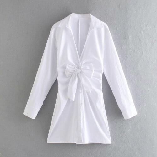 New Pop Women Dress Knot Detail V-neck Long Sleeves Short White dress Chic Lady elegant Vogue Casual Woman Dresses