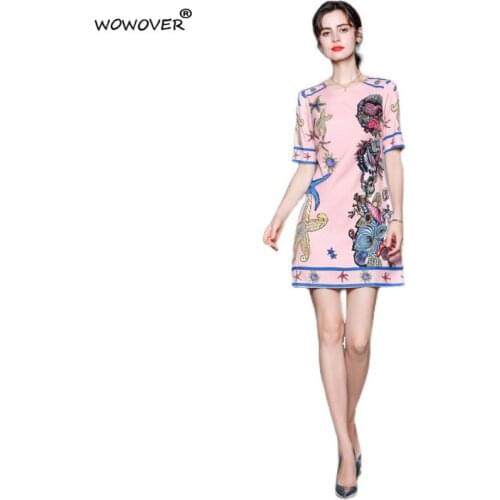 2021 Summer Runway Fashion Women Short Sleeve Print Vintage Loose Waist Dress Casual Festa Knee Length Holiday Vestidos