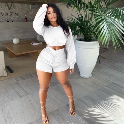 VAZN 2021 Top Quality Energy Overalls Daily Casual Young Full Sleeve Short Pants Women 2 Piece Set Slim Women Wear