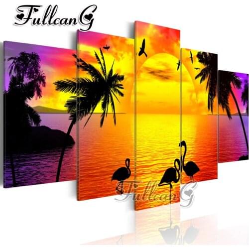 FULLCANG diy 5 pieces diamond painting "sunset seascape & flamingo" full square/round drill 5d rhinestone embroidery kits FC102