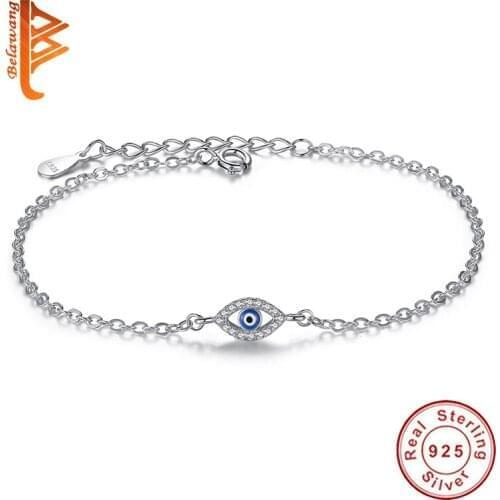 BELAWANG 100% 925 Sterling Silver Turkish Eye Bracelet Blue Enamel Crystal CZ Zircon Chain Bracelet For Women Party Jewelry