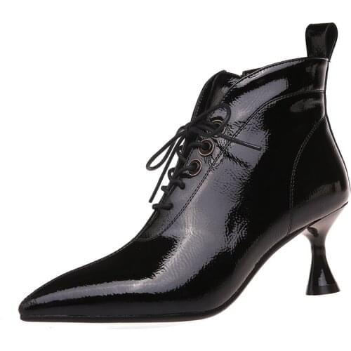 Pointed Wine Glass With Patent Leather Ankle Boots Cross Straps Side Zipper Shiny Leather Nude Boots Office Shoes