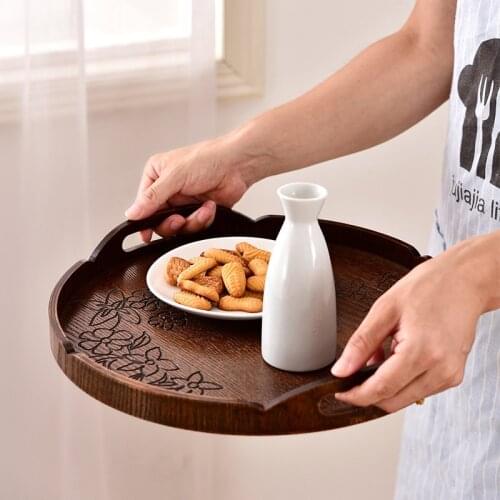 Wooden Round Serving Tray Wood Plate Tea Food Dishe Drink Platter Food Plate Dinner Beef Steak Fruit Snack Tray