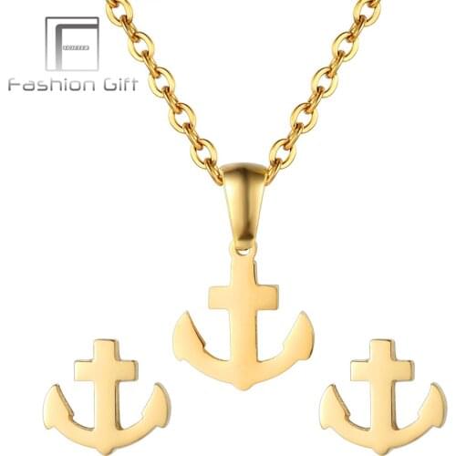 FGifter Gold Color Jewelery Set Anchor Necklace Earrings Set of Jewelry Stainless Steel Pendant Chain New Year Gifts