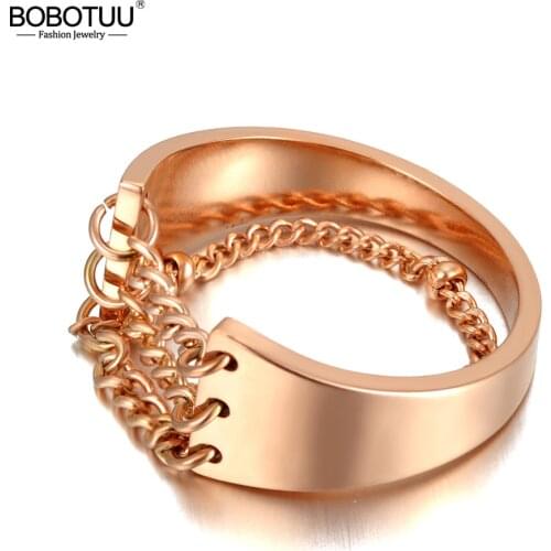BOBOTUU Кольцо Женское Stainless Steel Bohemia Party Ring Rose Gold Creative Geometric Chain Rings Jewelry For Women BR20044