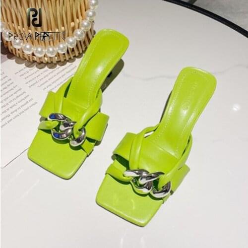 Summer Design Sense Fluorescent Green Metal Chain Stiletto Slippers Square Toe Open Toe High Heel Slippers Sandals