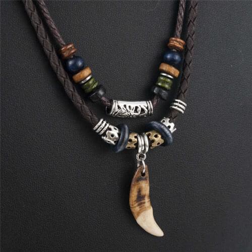 Fashion Mens Wolf Tooth Punk Pendant Beaded Multilayer Leather Rope Necklace Jewelry