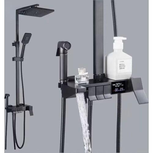 Black Rainfall Shower Faucets Set Wall Mounted Rain Shower System Storage Bath Shower Set Hot Cold withSpray Hand Shower