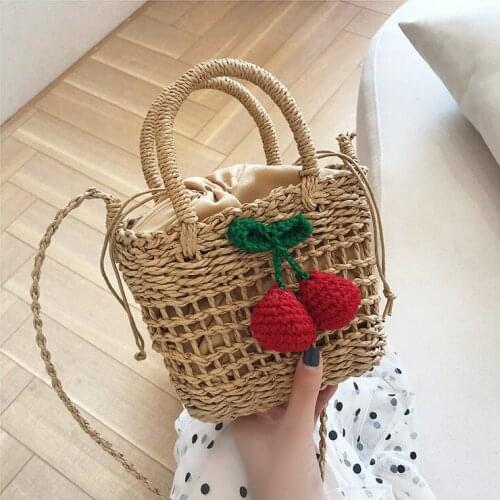 The New Cherry Straw Female Cute Seaside Vacation Beach Bag One-shoulder Woven Womens Handbag