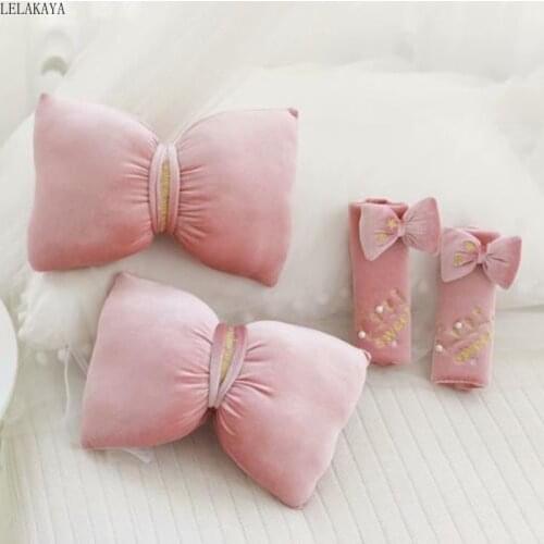 Pure Color Soft Velvet Bow Car Headrest Neck Pillow Plush Waist pillow Cushion Sailor moon Creative Cartoon Seat Belt Cover Toys