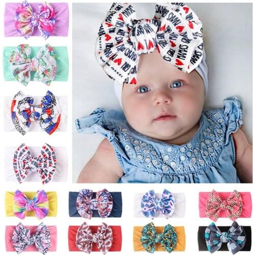 Letter Printed Double Bowknot Baby Headband Cute Floral Newborn Girl Head Accessories Soft Elastic Nylon Infant Hair Band
