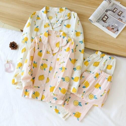 Fresh lemon 100% gauze Cotton family matching clothes summer Mother kids pajamas sets Fresh child boys girls sleepwear