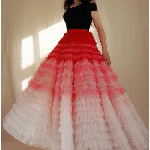 High Street Pink Chic Tiered Ruffles Women Tulle Multi Skirts Long Fashion Adult Skirt Elastic Style Female Maxi Skirts Custom