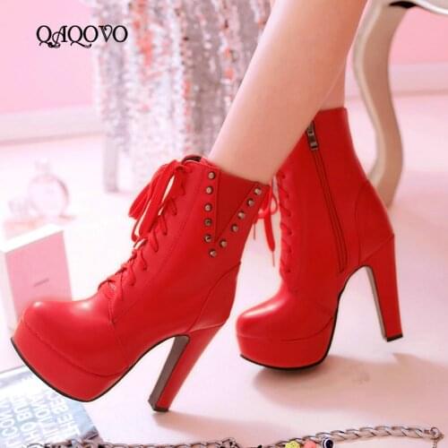 Spring Autumn Lacing Ankle Boots Women Platform Sqaure High Heels Booties Winter Zipper Boots Fashion Ladies Shoes 2019 New