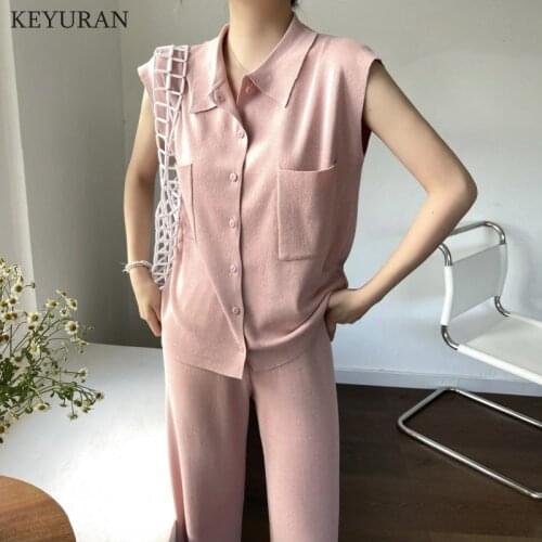 Summer Knitted Two Piece Set Women Sleeveless Pocket Sweater Tops + Side Split Wide Leg Pants Suits Fashion Casual 2 Piece Sets