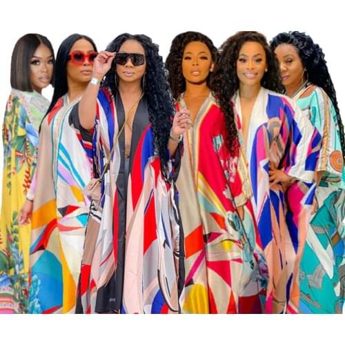 Women Dress For 2021 Casual Colorful Striped Print Batwing Sleeves V-Neck Holiday Style Loose Lady Maxi Dresses Summer Spring