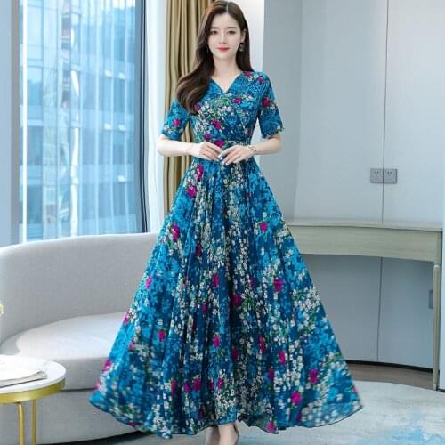 Plus Size 2021 New Summer Vintage Women Dresses Casual Short Sleeve Chiffon Elegant Lady Dress Fashion Print Floral Beach Dress