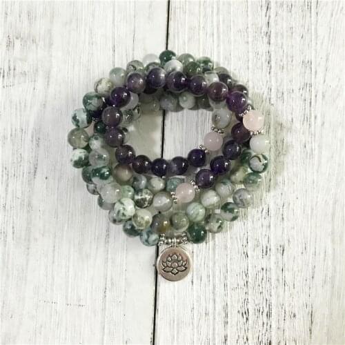 108 Mala Beads Bracelet Purple Quartz Bracelet Meditation Necklaces 5 Laps Wrist Mala Bracelets Lotus Yoga Jewelry