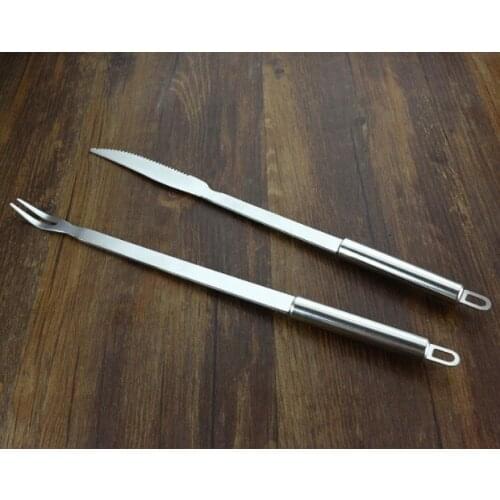 2Pcs/Lot 304 Stainless Steel Barbecue Fork Knife Set Roasted Mutton Leg Long Handle Anti Hot Picnic Utensils Hanging Tube KV 077