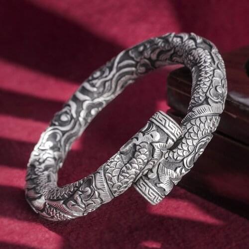 200g Mens Women Heavy 999 Sterling Silver dragon Bangle Cuff Bracelet amulet jewerlry A5167