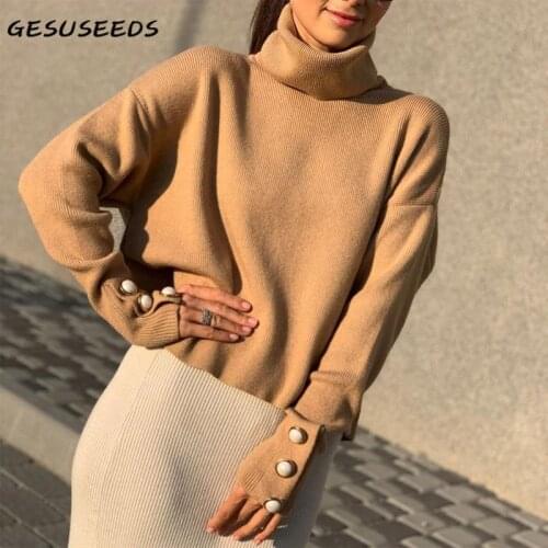2021 Knitted pullover women vintage turtleneck sweater oversized long sleeve pullover solid buttons sweater white Jumper women