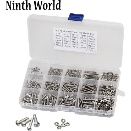 480pcs/set M2 M3 M4 Button Head Hex Socket Screw Bolt Nut Stainless Steel SS304 Screws Nuts Assortment Kit Fastener Hardware
