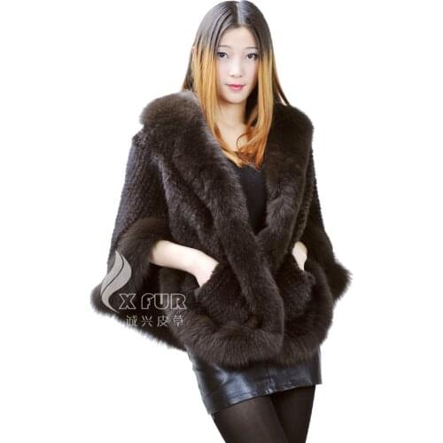 CX-B-M-99 2016 New Fashion Winter Womens Genuine Knitted Mink Fur Shawls With Fox Fur Collar Outerwear Coats