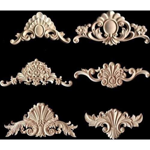 Wood Carved Decal Corner Appliques Wood Long Floral Carving Applique Home Decoration Accessories Door Cabinet Furniture Figurine