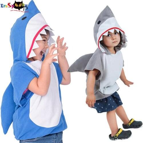 Eraspooky 1-6T Gray Shark Cosplay Hoodie Halloween Costume For Kids Toddler Christmas Fancy Dress Children Sharks Candy Bag