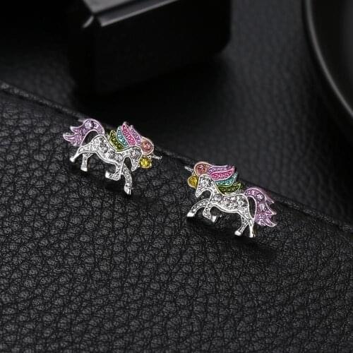 Tiny Trendy Colorful Crystal Unicorn Earrings Luxury Charming Cute Animal Earrings For Women Wedding Jewelry Gift E-h0374