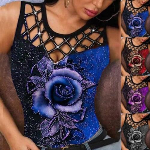 Summer Casual Women Vest T-shirt 3D Rose Print Hollow Out Summer Sleeveless Round Neck Top for Dating Blue xxxxl Street wear