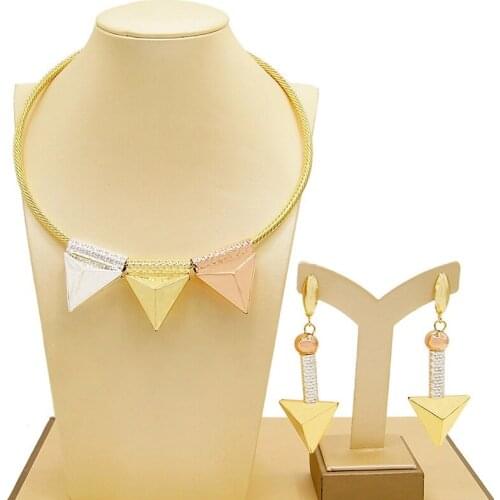 Yulaili Trendy Brazils Gold Jewelry Sets for Women Tricolor Triangle Shape Choker Necklace Dangle Earrings Dubai Jewelery Set