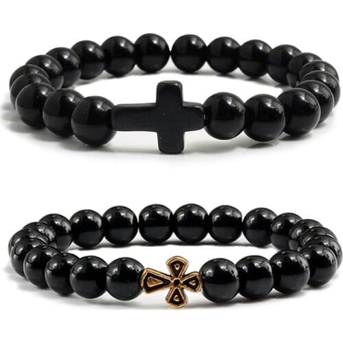 Prayer Bracelet Black Rock Lava Natural Stone Beaded Metal Cross Jesus Men Bracelets Bangles Women Yoga Christian Jewelry Gifts