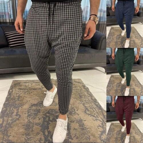 Mens Pants Plaid Pants Mens Skinny Pencil Pants Slim Mid Waist Drawstring Trouser Men Loose Casual Jogger Long Pants 2021 New