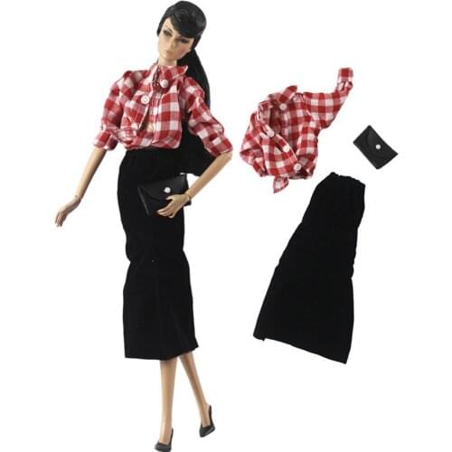 NK 3 Items/Set Fashion Doll Clothes Red Shirt+ Long Dress+ Black Handbag Outfit For Barbie Doll Girls' Accessories Toy 342A