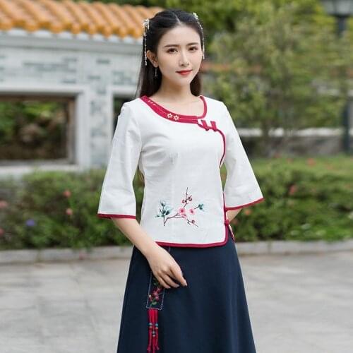 Chinese Style Clothing Women Hanfu 2021 Spring Autumn Retro Vintage Shirt Ethnic Tunic Tea Zen Blouse Ladies Chinese Tops 12305