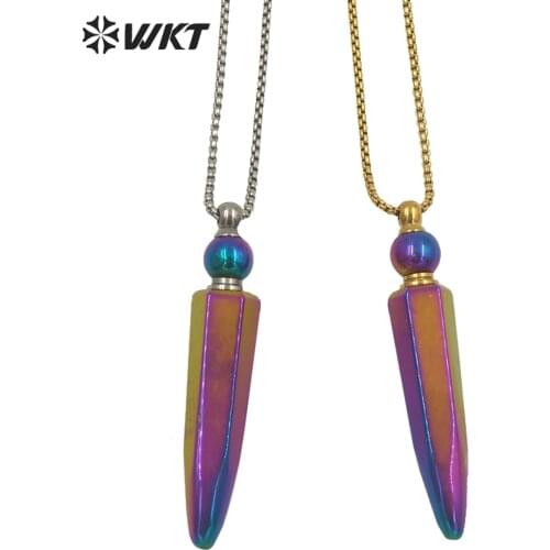 WT-N1281Wholesale rainbow titanium long bullet perfume bottle necklace unique quartz women fashion essencial oil necklace